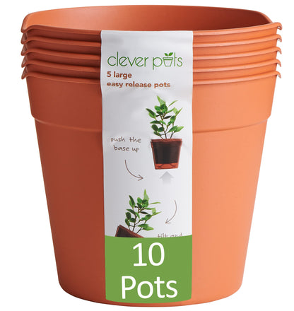 Clever Pots Easy Release Plastic Plant Pots, Pack of 5, Large Plant Pots, Outdoor or Indoor Flower Pot Garden Planters, Lightweight & Weather Resistant for Outside Flowers & Plants, Terracotta