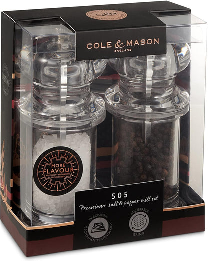 Cole & Mason 505 Clear Salt and Pepper Mills, Adjustable Grind Precision+ Mechanism, Acrylic, 140 mm, Gift Set, Includes 2 x Salt and Pepper Grinders