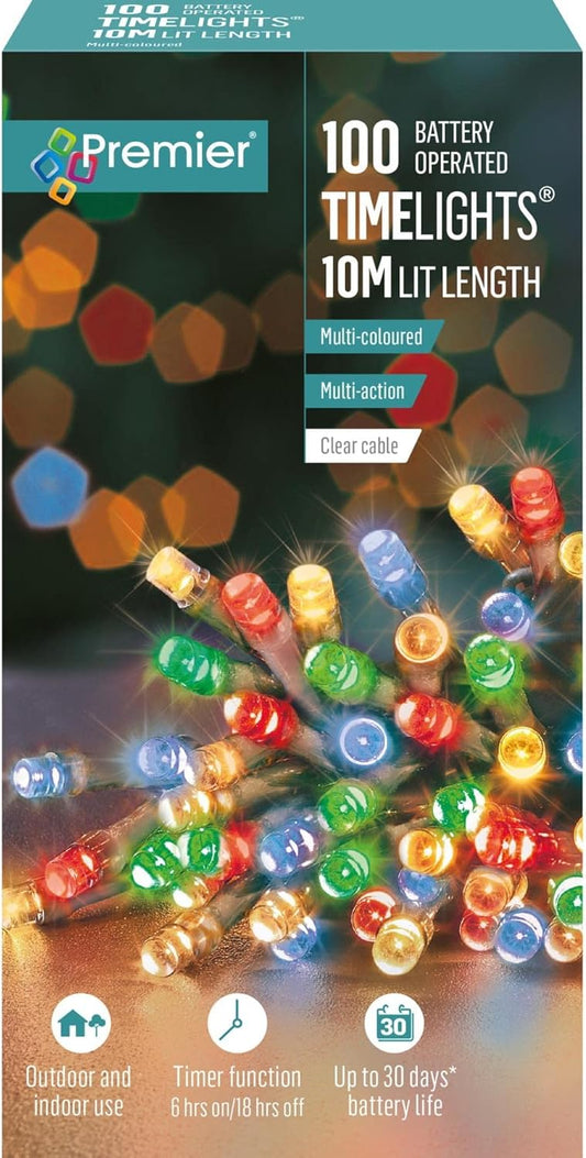 Premier 100 Timelights Battery Operated 10m Clear Cable Multi Action String Lights - Multi-Coloured