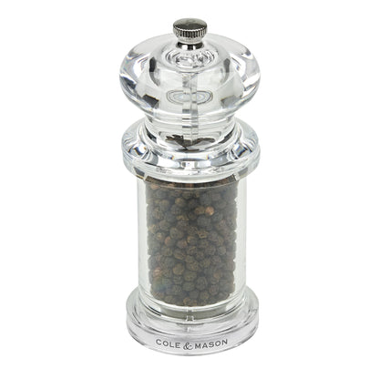 Cole & Mason 505 Clear Salt and Pepper Mills, Adjustable Grind Precision+ Mechanism, Acrylic, 140 mm, Gift Set, Includes 2 x Salt and Pepper Grinders