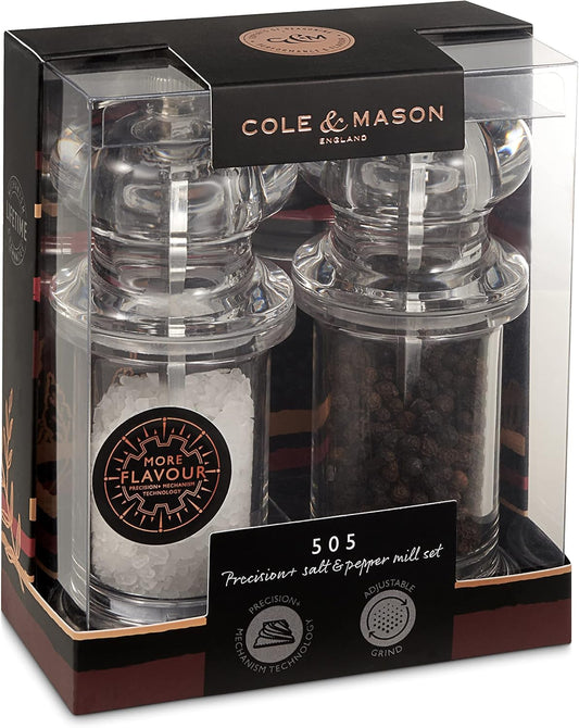 Cole & Mason 505 Clear Salt and Pepper Mills, Adjustable Grind Precision+ Mechanism, Acrylic, 140 mm, Gift Set, Includes 2 x Salt and Pepper Grinders