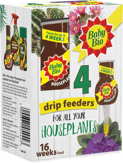 Baby Bio Houseplant Drip Feeders, 4 x 40ml - Ready To Use House Plant Food - Easy Care Fertiliser for Supporting Healthy Growth and Vibrant Blooms - Automatic Plant Feeder
