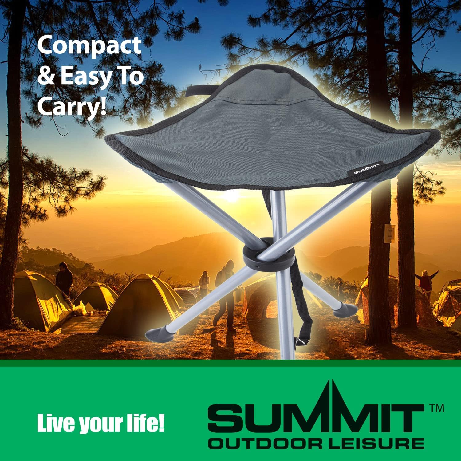 VFM - Slate Grey Tripod Stool - Summit Outdoor Leisure, Easy, Durable, Comfortable, Lightweight, Festivals, Hiking, Picnics, Outdoor Living, Water Resistant, Portable, Holidays