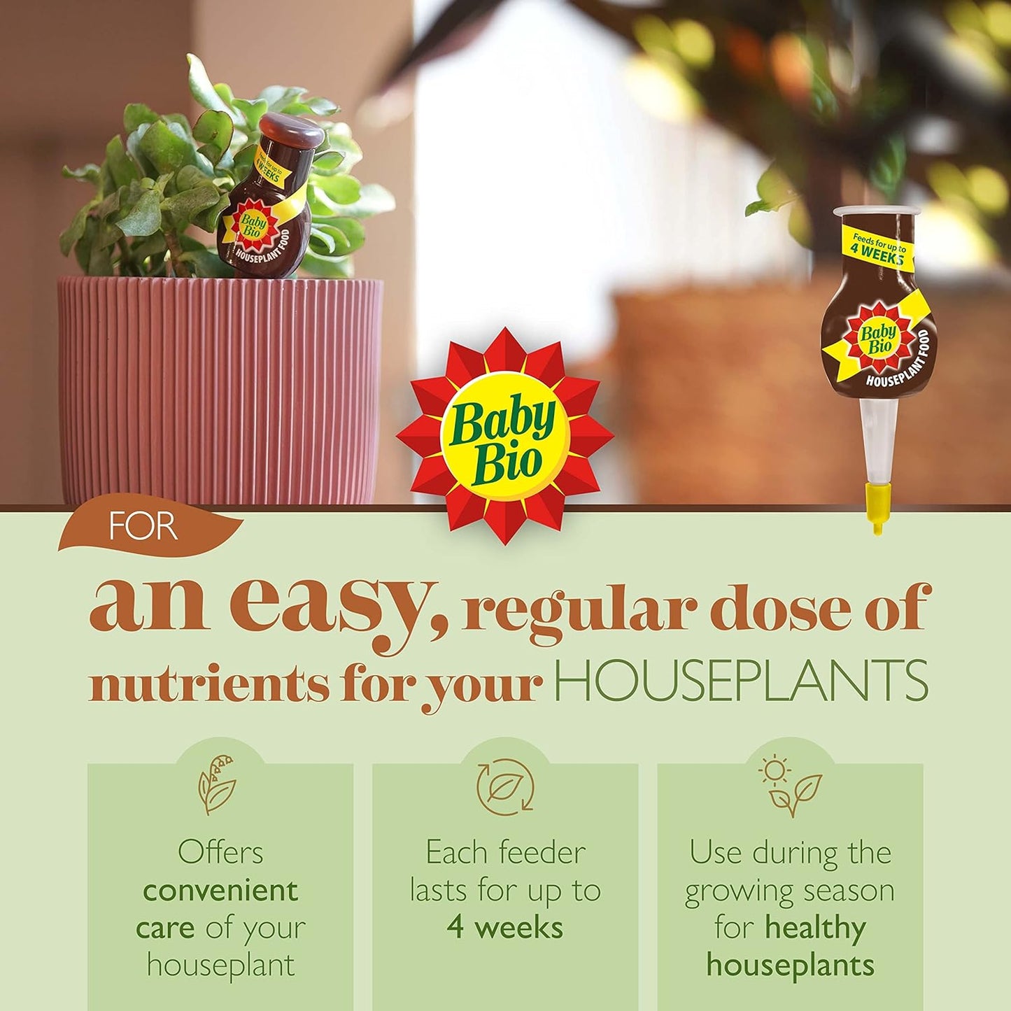 Baby Bio Houseplant Drip Feeders, 4 x 40ml - Ready To Use House Plant Food - Easy Care Fertiliser for Supporting Healthy Growth and Vibrant Blooms - Automatic Plant Feeder
